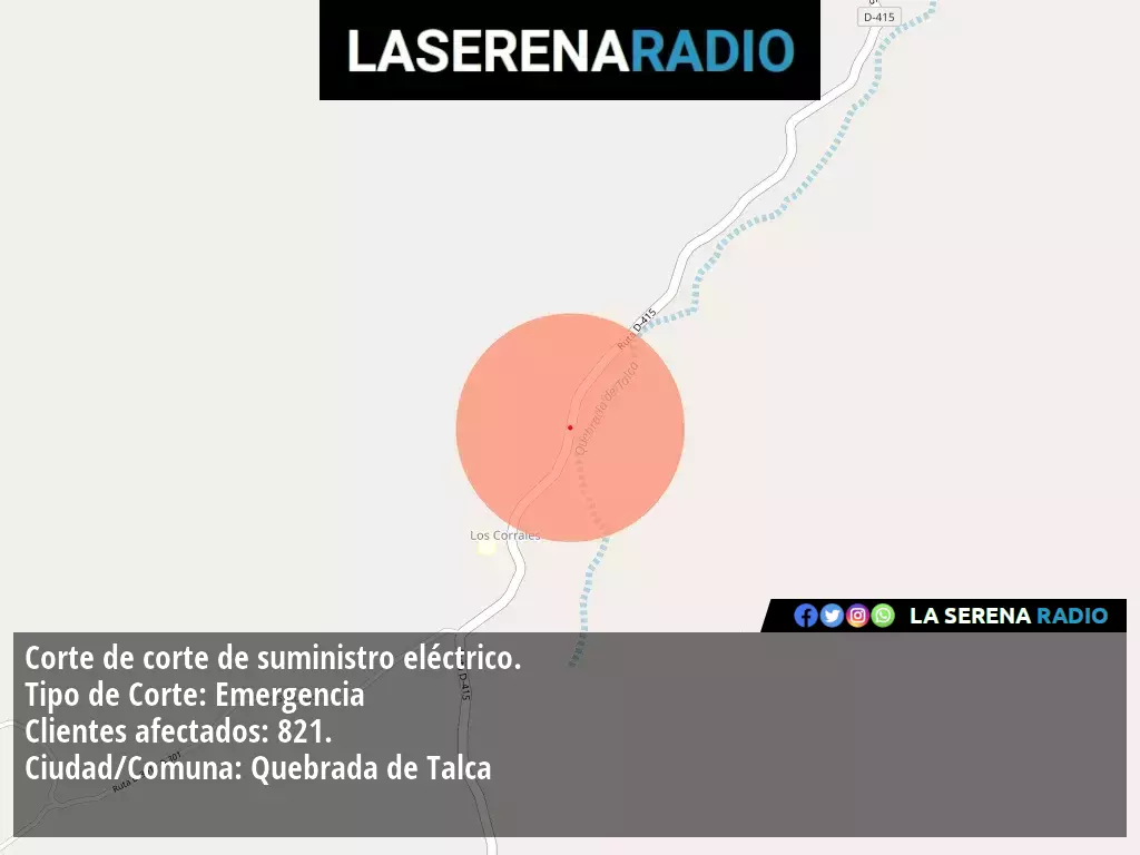 Corte de suministro eléctrico afecta a 821 clientes en Quebrada de Talca