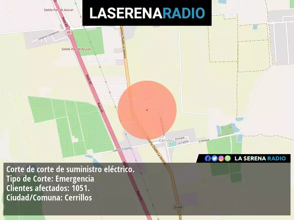 Corte de suministro eléctrico afecta a 1051 clientes en Cerrillos