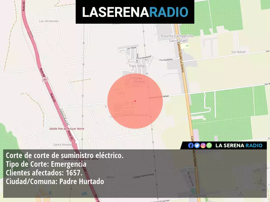 Corte de suministro eléctrico afecta a 1657 clientes en Padre Hurtado