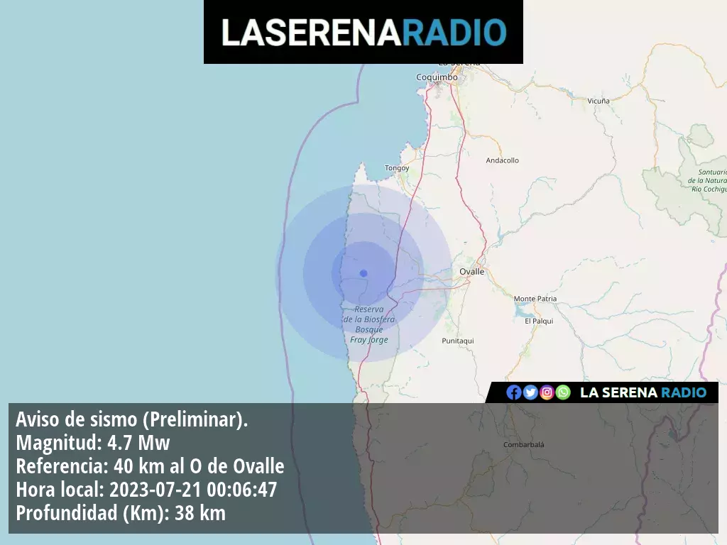 Sismo de mediana intensidad a 40 kilómetros al oeste de Ovalle