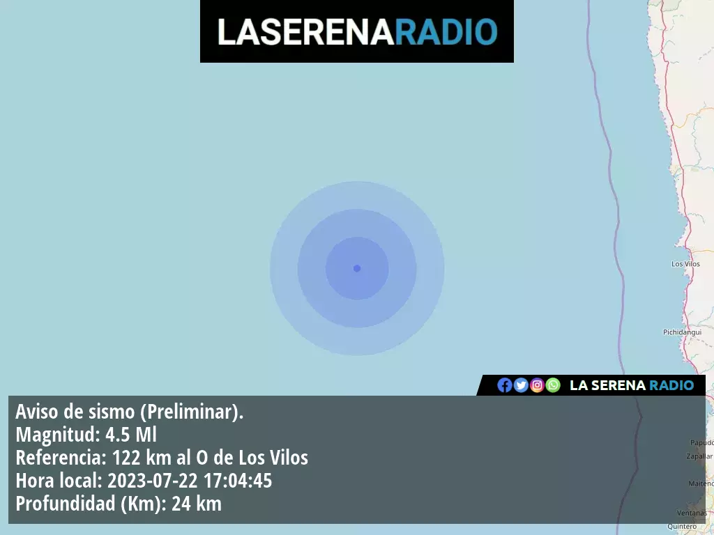 Sismo de mediana intensidad a 122 kilómetros al oeste de Los Vilos