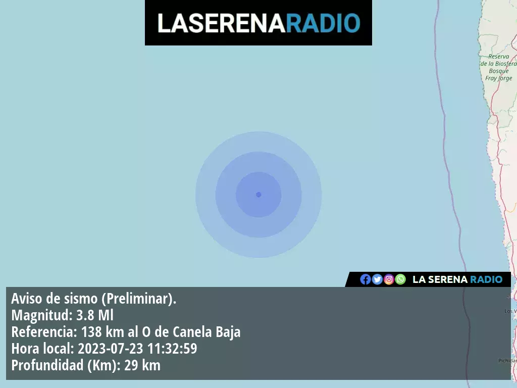 Sismo de menor intensidad a 138 kilómetros al oeste de Canela Baja