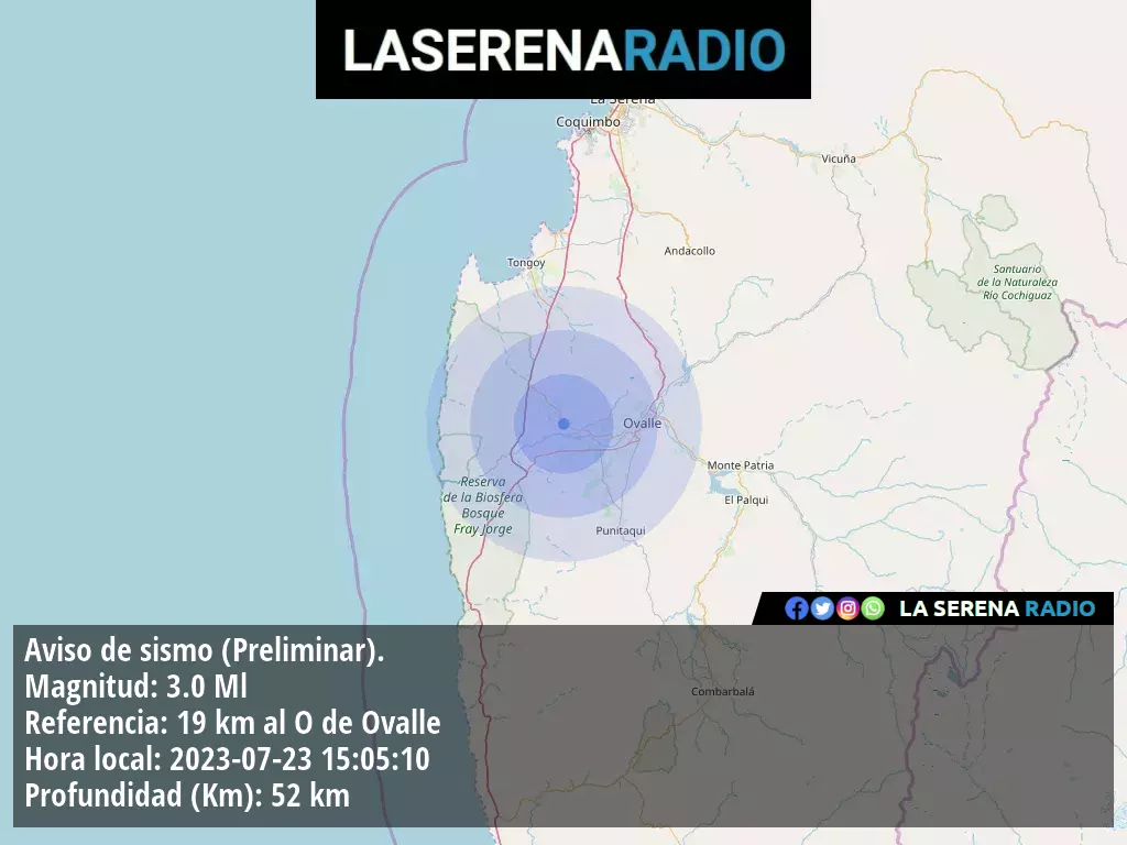 Sismo de menor intensidad a 19 kilómetros al oeste de Ovalle