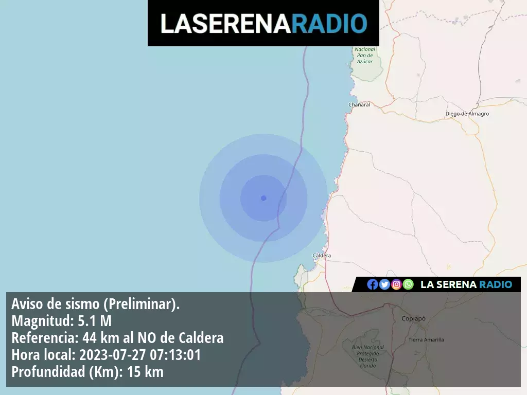 Sismo de mediana intensidad a 44 kilómetros al noroeste de Caldera