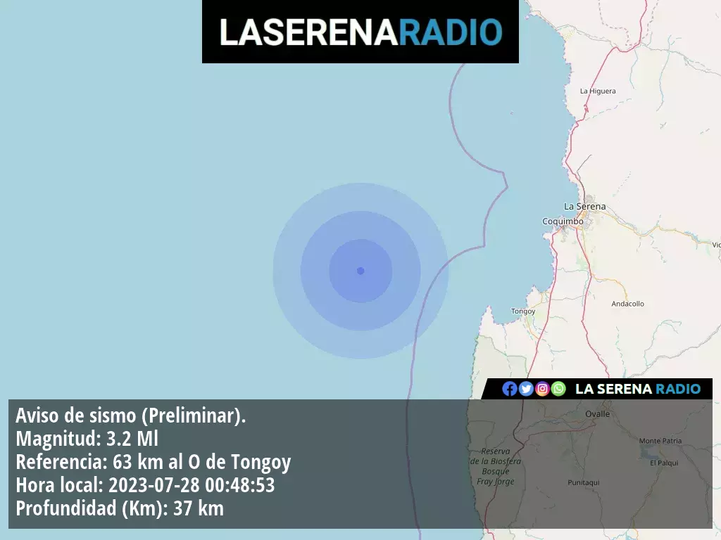 Sismo de menor intensidad a 63 kilómetros al oeste de Tongoy