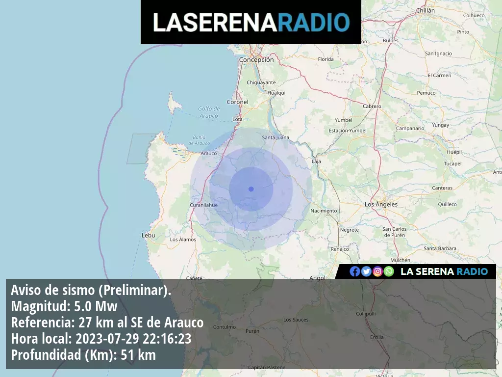 Sismo de mediana intensidad a 27 kilómetros al sureste de Arauco