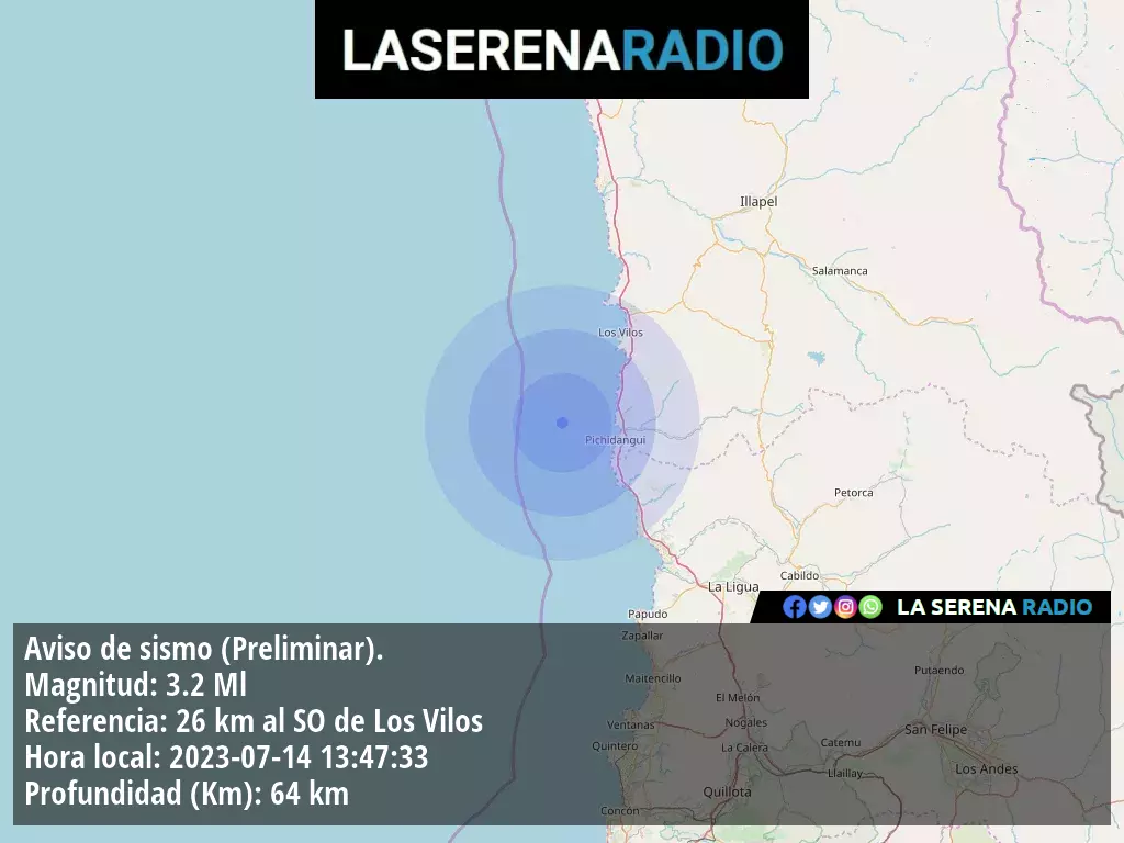 Sismo de menor intensidad a 26 kilómetros al suroeste de Los Vilos