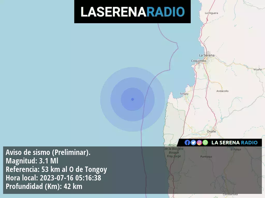 Sismo de menor intensidad a 53 kilómetros al oeste de Tongoy