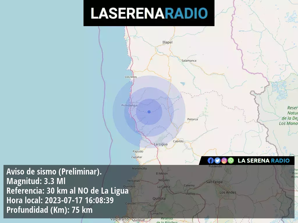 Sismo de menor intensidad a 30 kilómetros al noroeste de La Ligua