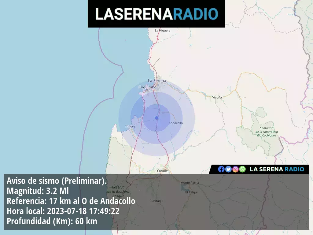 Sismo de menor intensidad a 17 kilómetros al oeste de Andacollo