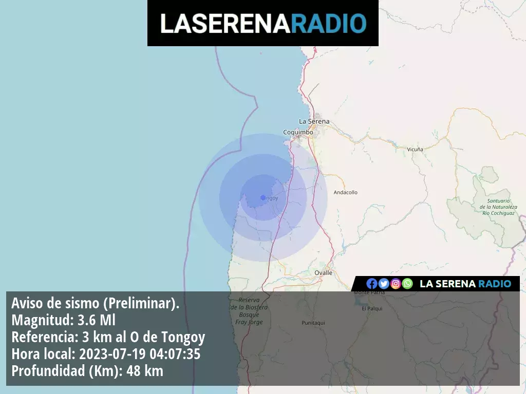 Sismo de menor intensidad a 3 kilómetros al oeste de Tongoy