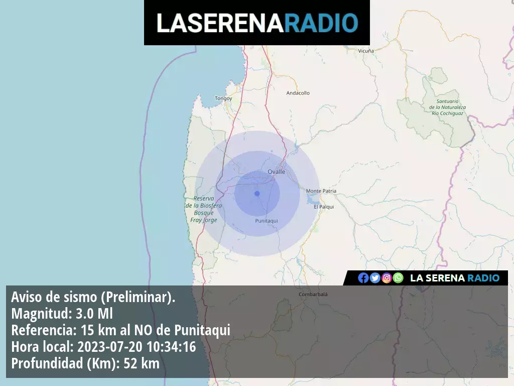 Sismo de menor intensidad a 15 kilómetros al noroeste de Punitaqui