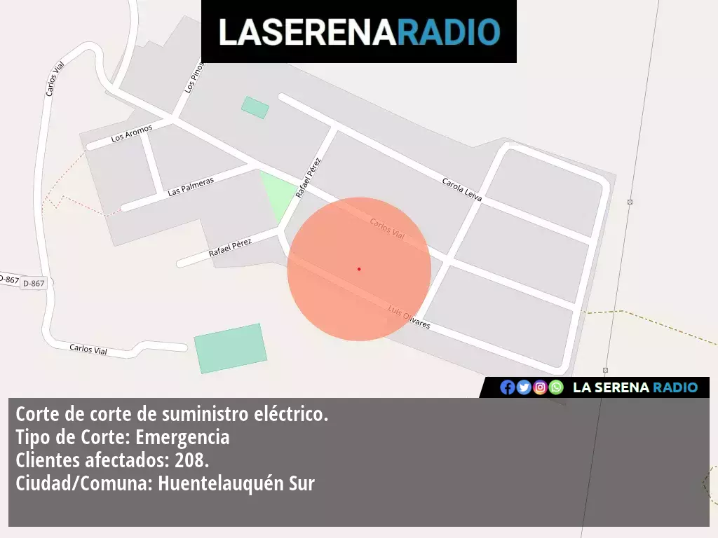 Corte de suministro eléctrico afecta a 208 clientes en Huentelauquén Sur