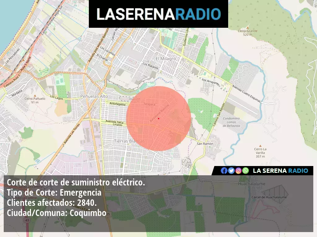 Corte de suministro eléctrico afecta a 2840 clientes en Coquimbo