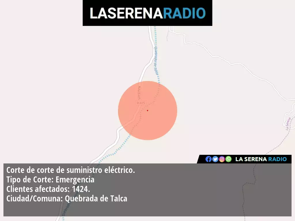 Corte de suministro eléctrico afecta a 1424 clientes en Quebrada de Talca