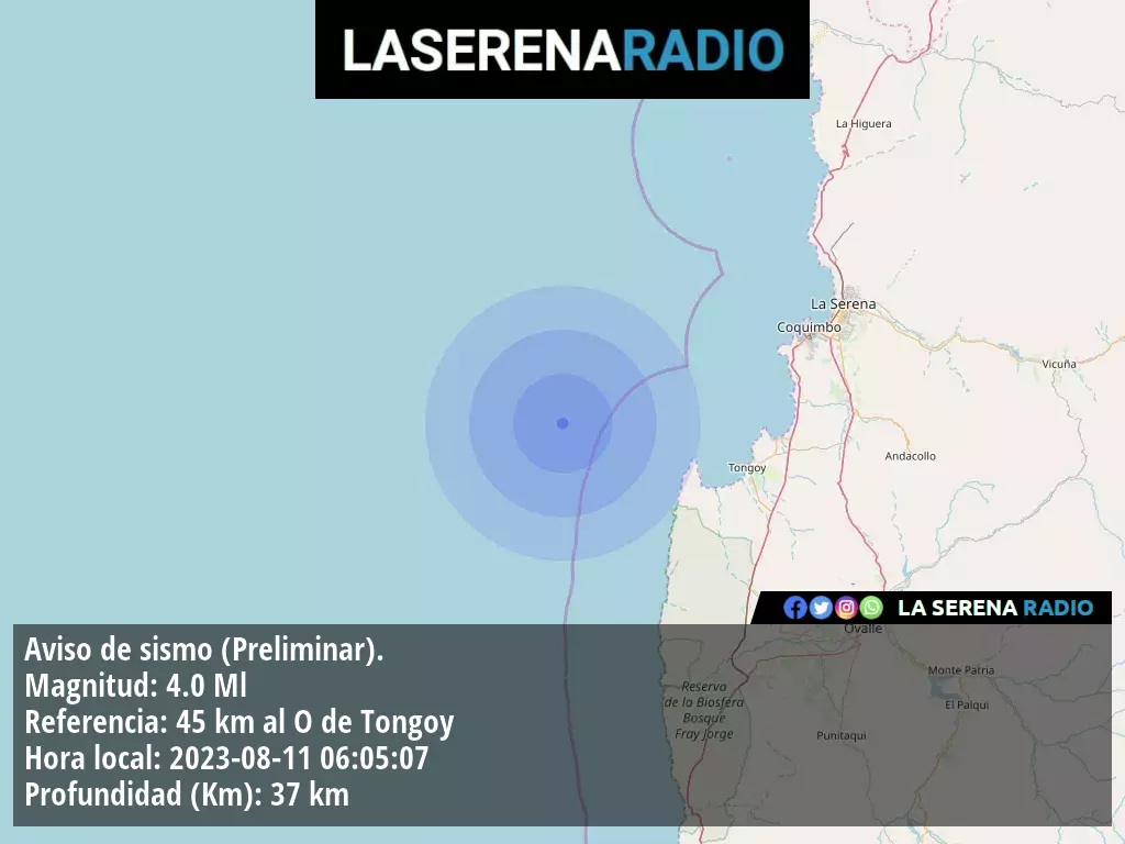 Sismo de mediana intensidad a 45 kilómetros al oeste de Tongoy