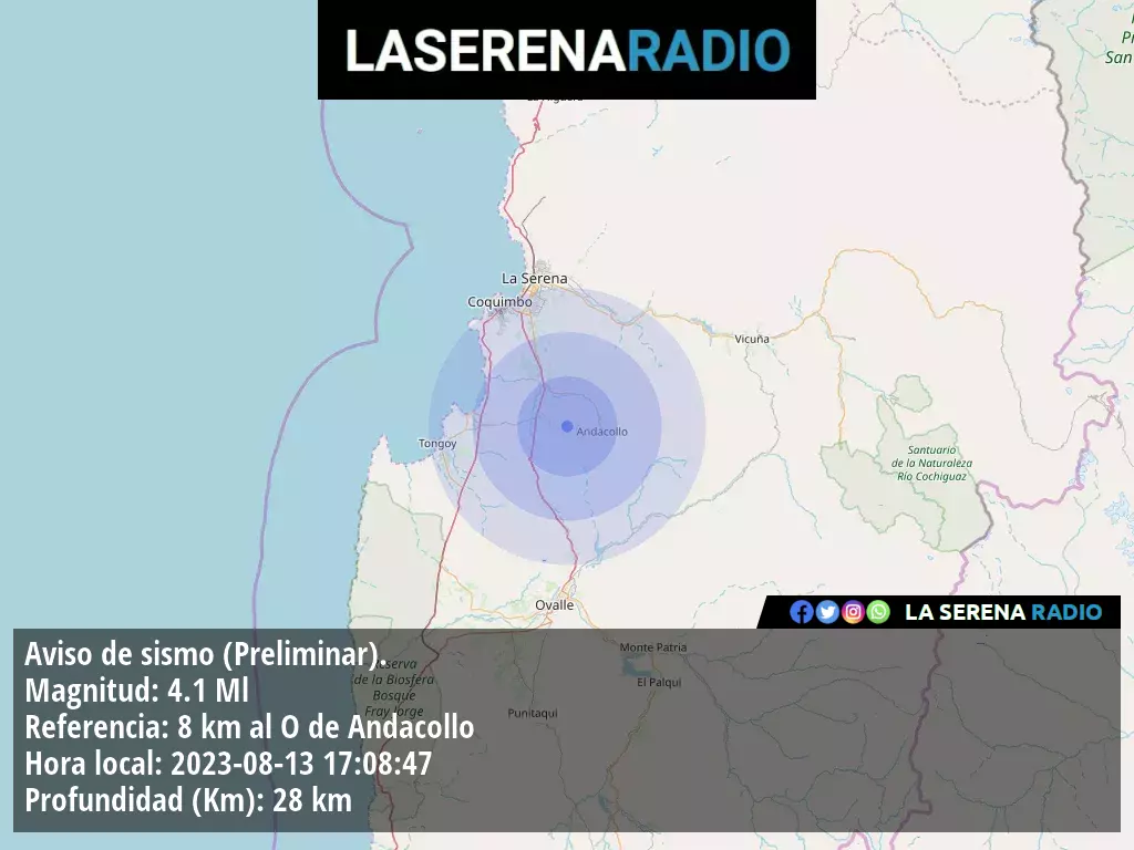 Sismo de mediana intensidad a 8 kilómetros al oeste de Andacollo