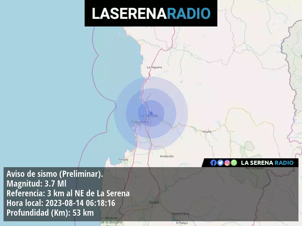 Sismo de menor intensidad a 3 kilómetros al noreste de La Serena