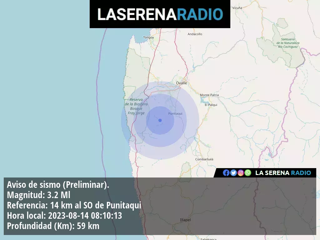 Sismo de menor intensidad a 14 kilómetros al suroeste de Punitaqui