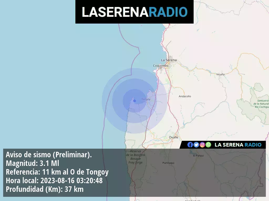 Sismo de menor intensidad a 11 kilómetros al oeste de Tongoy