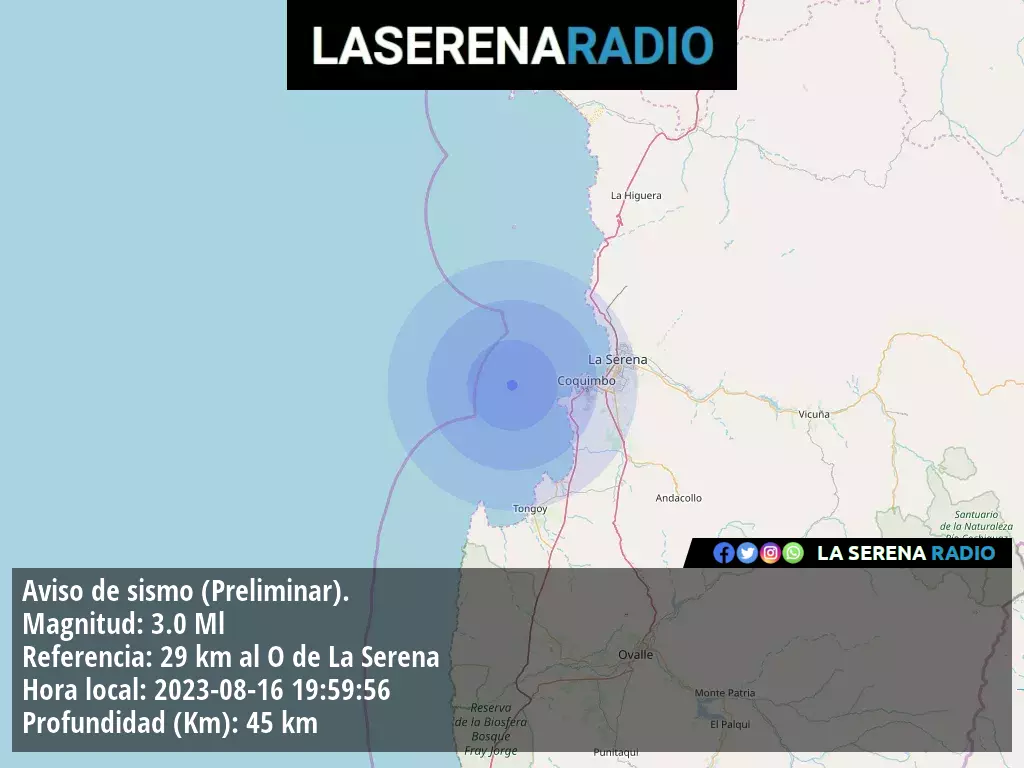 Sismo de menor intensidad a 29 kilómetros al oeste de La Serena