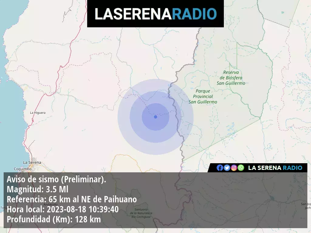 Sismo de menor intensidad a 65 kilómetros al noreste de Paihuano