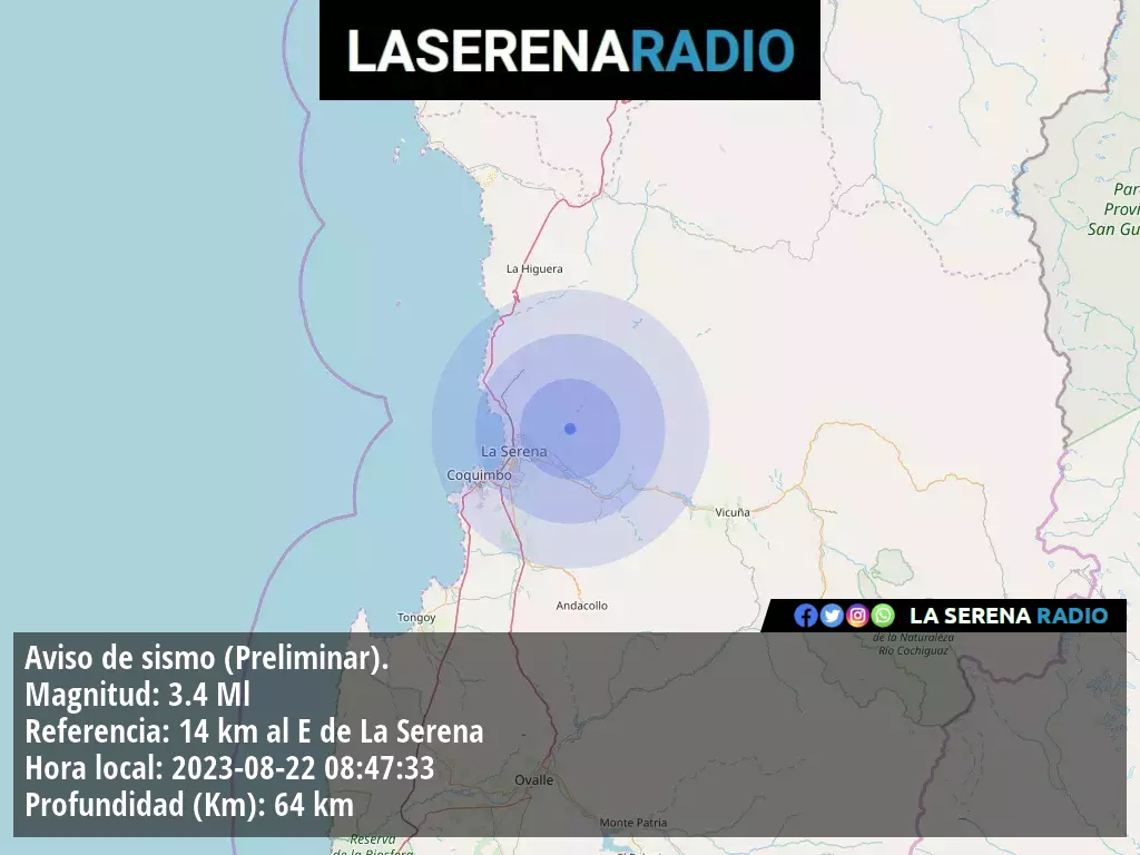 Sismo de menor intensidad a 14 kilómetros al este de La Serena