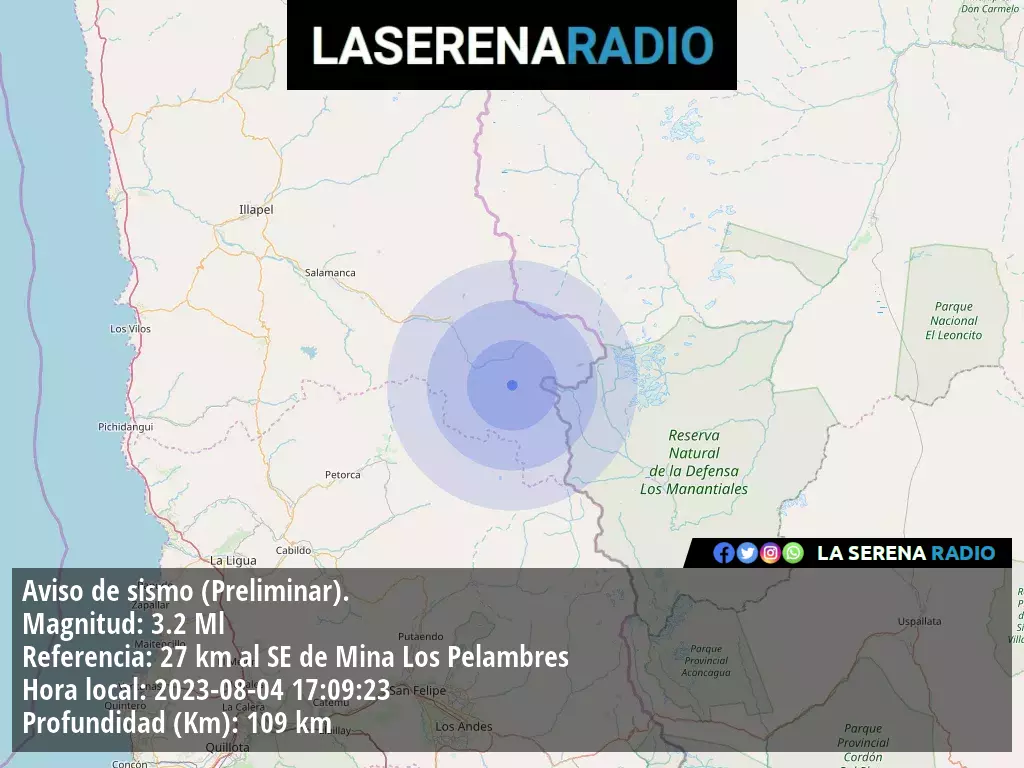 Sismo de menor intensidad a 27 kilómetros al sureste de Mina Los Pelambres