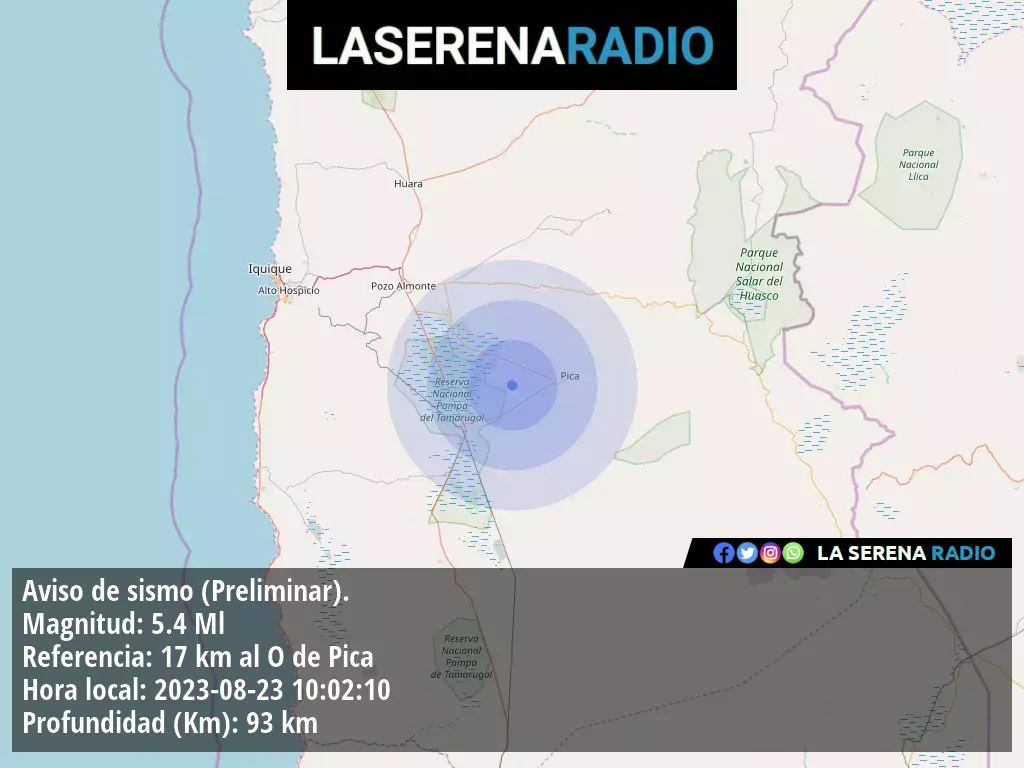 Sismo de mediana intensidad a 17 kilómetros al oeste de Pica