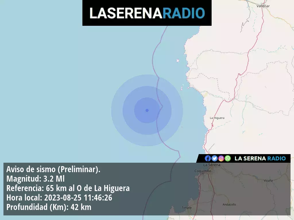 Sismo de menor intensidad a 65 kilómetros al oeste de La Higuera