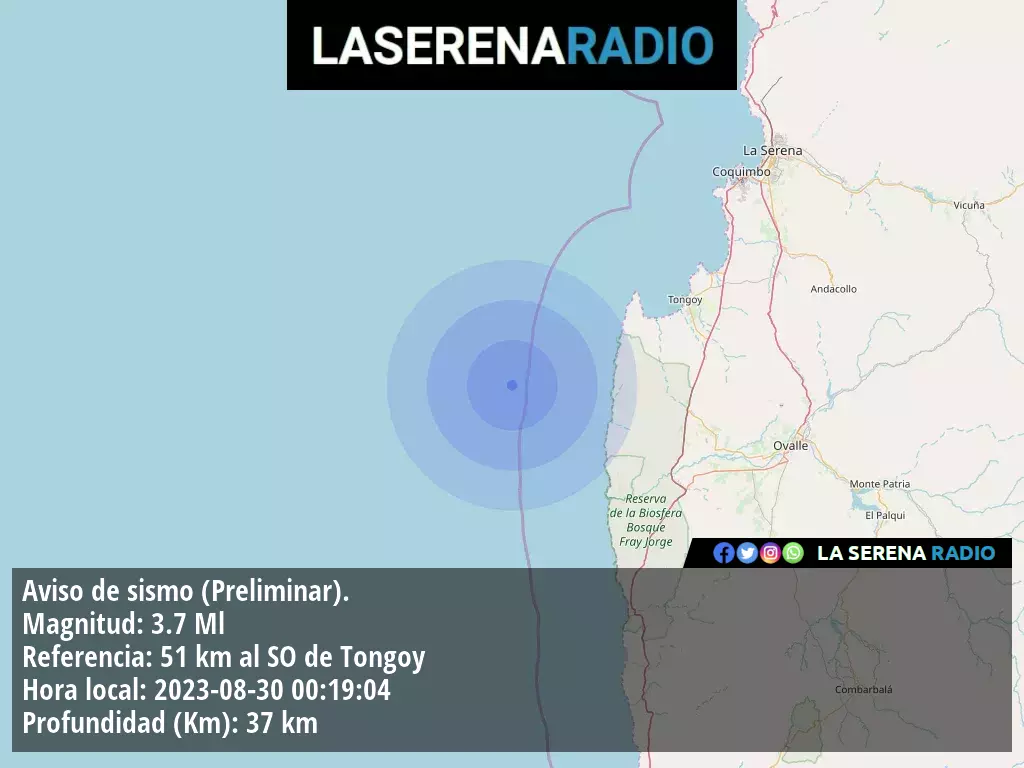 Sismo de menor intensidad a 51 kilómetros al suroeste de Tongoy