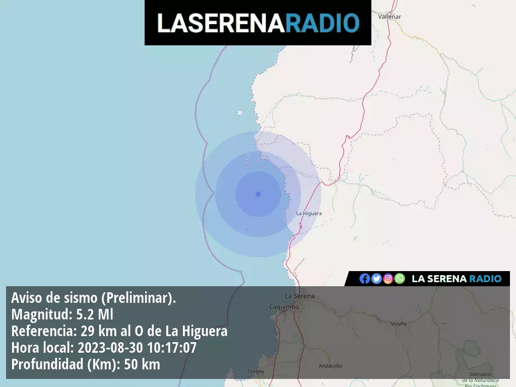 Sismo de mediana intensidad a 29 kilómetros al oeste de La Higuera