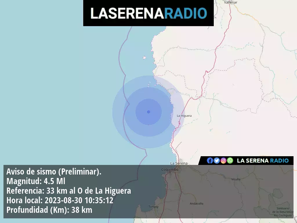 Sismo de mediana intensidad a 33 kilómetros al oeste de La Higuera