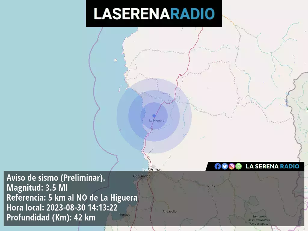 Sismo de menor intensidad a 5 kilómetros al noroeste de La Higuera