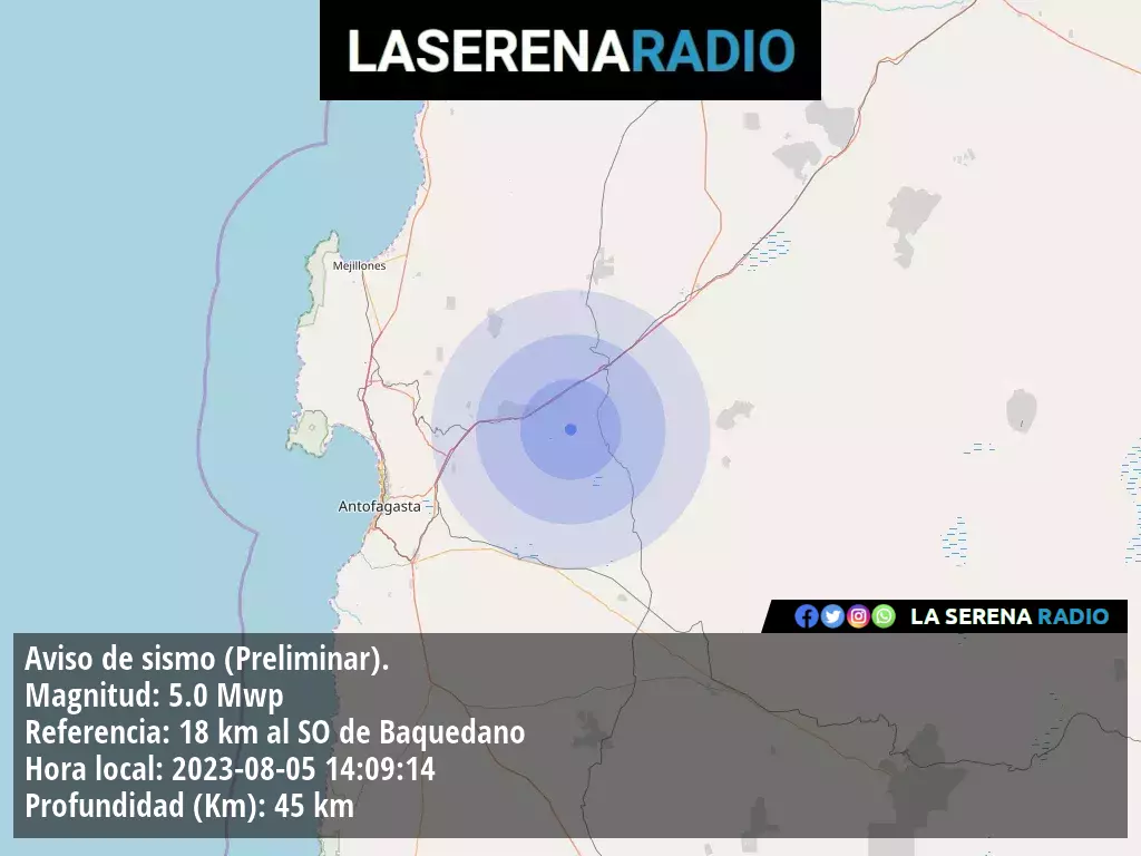 Sismo de mediana intensidad a 18 kilómetros al suroeste de Baquedano