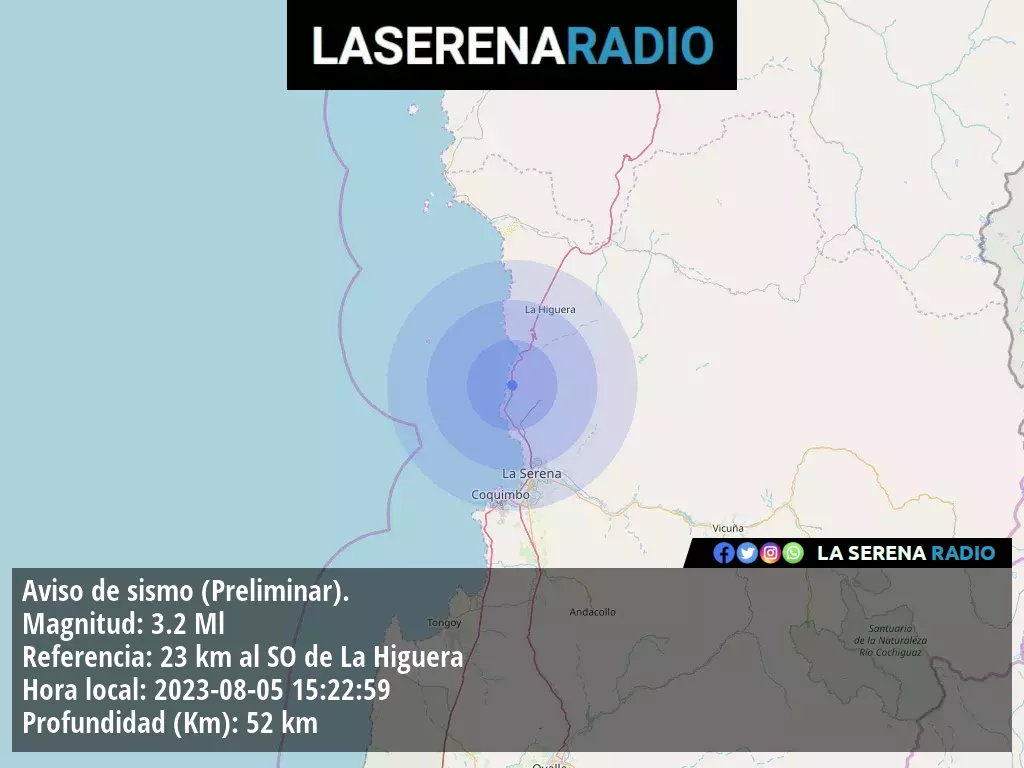 Sismo de menor intensidad a 23 kilómetros al suroeste de La Higuera