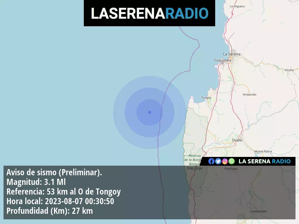 Sismo de menor intensidad a 53 kilómetros al oeste de Tongoy