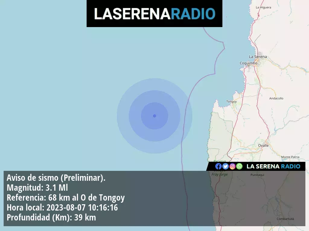 Sismo de menor intensidad a 68 kilómetros al oeste de Tongoy