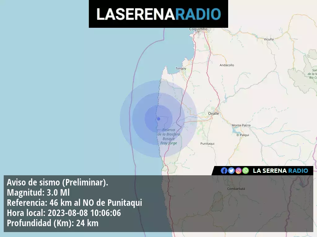 Sismo de menor intensidad a 46 kilómetros al noroeste de Punitaqui