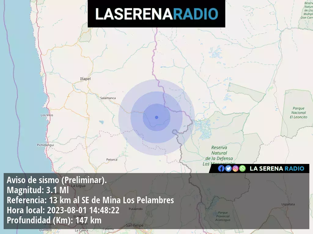 Sismo de menor intensidad a 13 kilómetros al sureste de Mina Los Pelambres