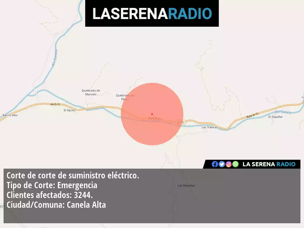 Corte de suministro eléctrico afecta a 3244 clientes en Canela Alta