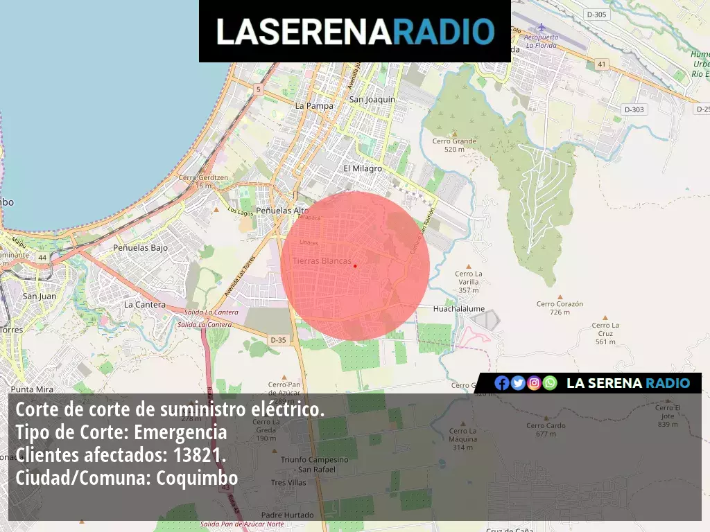 Corte de suministro eléctrico afecta a 13821 clientes en Coquimbo