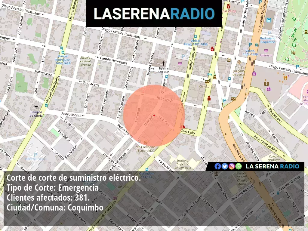 Corte de suministro eléctrico afecta a 381 clientes en Coquimbo