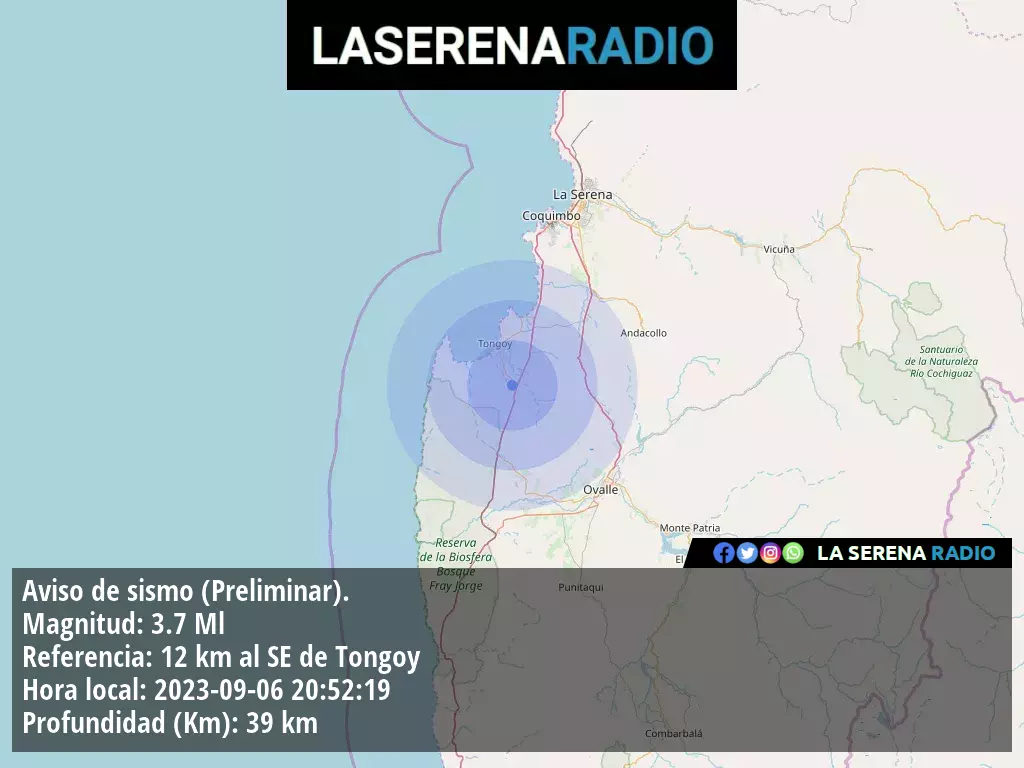 Sismo de menor intensidad a 12 kilómetros al sureste de Tongoy