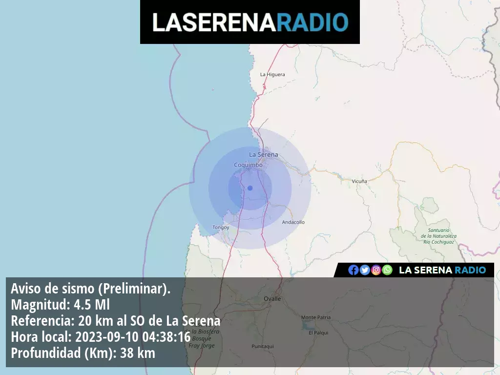 Sismo de mediana intensidad a 20 kilómetros al suroeste de La Serena