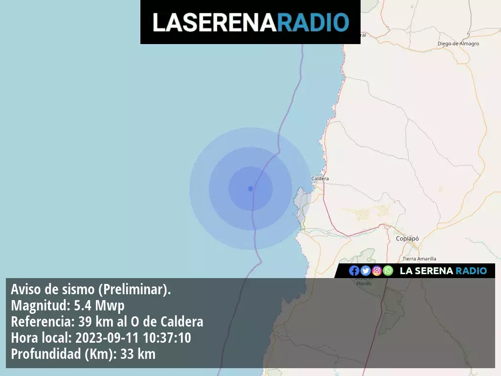 Sismo de mediana intensidad a 39 kilómetros al oeste de Caldera