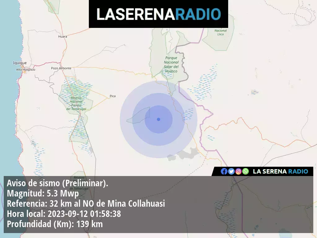 Sismo de mediana intensidad a 32 kilómetros al noroeste de Mina Collahuasi