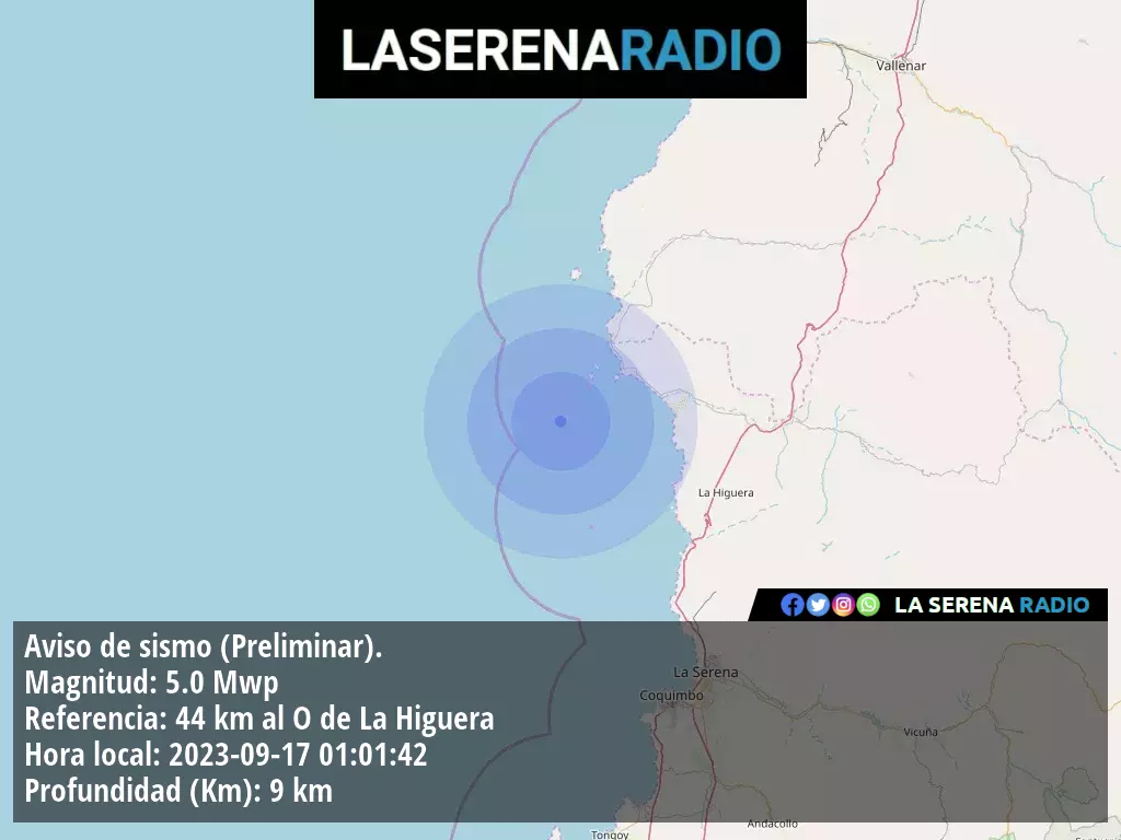 Sismo de mediana intensidad a 44 kilómetros al oeste de La Higuera