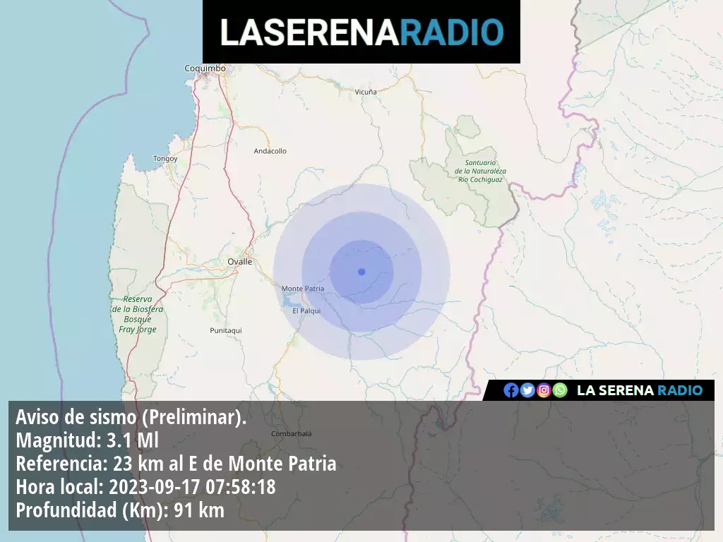 Sismo de menor intensidad a 23 kilómetros al este de Monte Patria