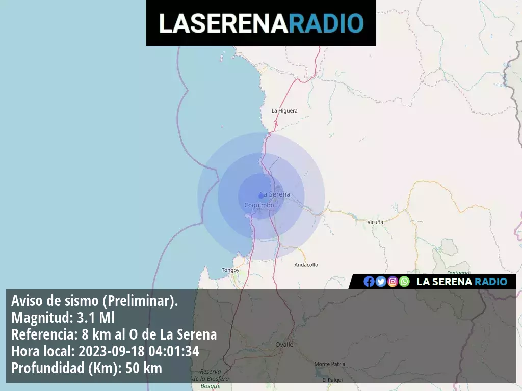 Sismo de menor intensidad a 8 kilómetros al oeste de La Serena